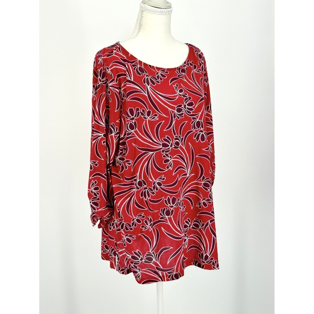 Liz Claiborne Womens XXL Red Floral Tunic Top Long Sleeve Rayon Knit Stretch